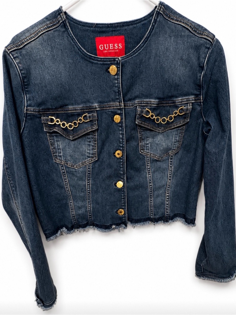Guess Blue Denim Jacket with Gold Chain Details
